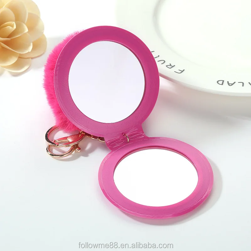 Mirror Pendent Fluffy Rabbit Fur Pompom Keychain for female gift