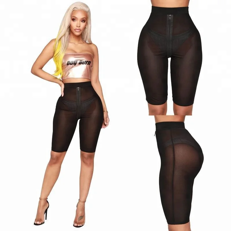 Girls nightclub  shorts  2018 new design Black perspective tight-fitting sexy mesh five-point shorts