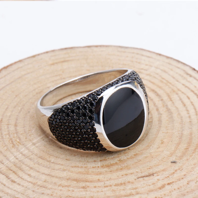 925 Sterling Silver Black Enamel Rings with Black Cubic Zirconia Stones Unique Vintage  Ring for Men