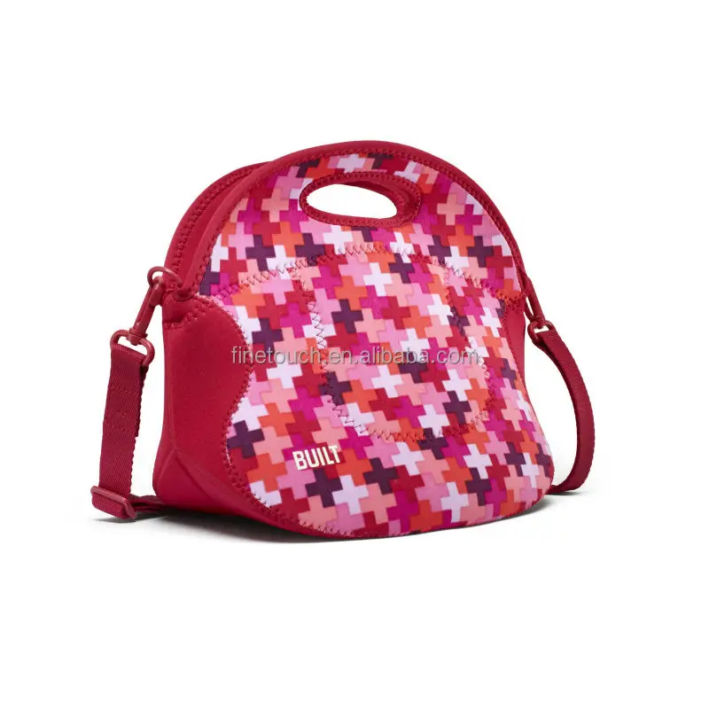 Printed neoprene lunch tote bag with shoulder strap