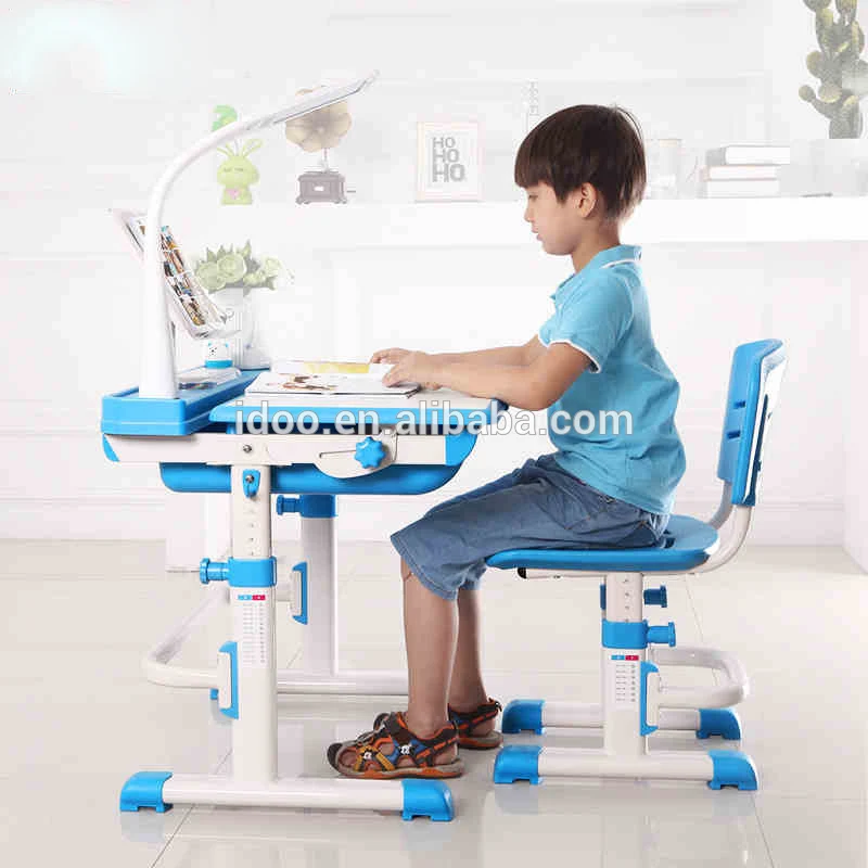 Children Study Desk And Chair Blue Pencil Holder Kids Writing Desk With Reading Rack