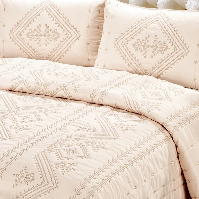 
Solid Color Embroidered Quilted Satin Bedspread 