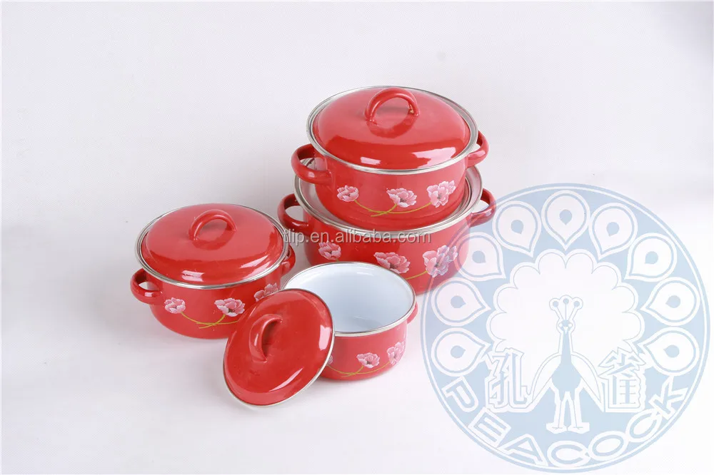 
New product 16-24cm cooking pot cast iron red flower color enamel casserole set with glass lid/enamel lid 