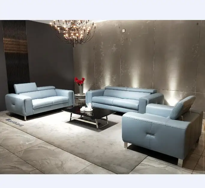 Latest living room sofa design furniture light blue leather sofa