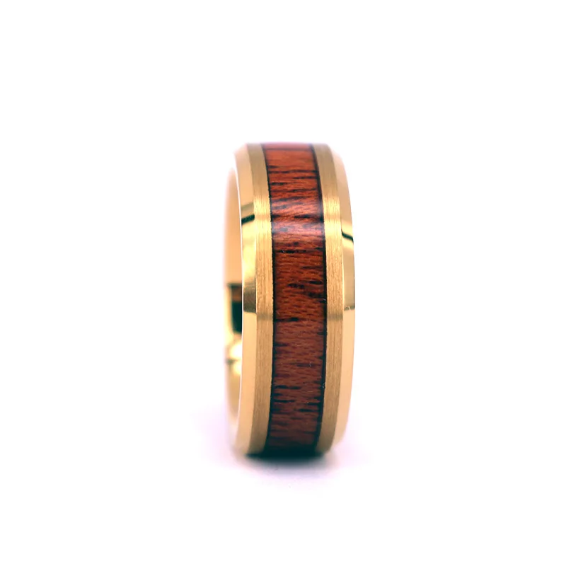 Tungsten Ring Yellow Gold Wood Inlay Wedding Band,8mm Polished Hawaiian Koa Wood Tungsten Band Ring