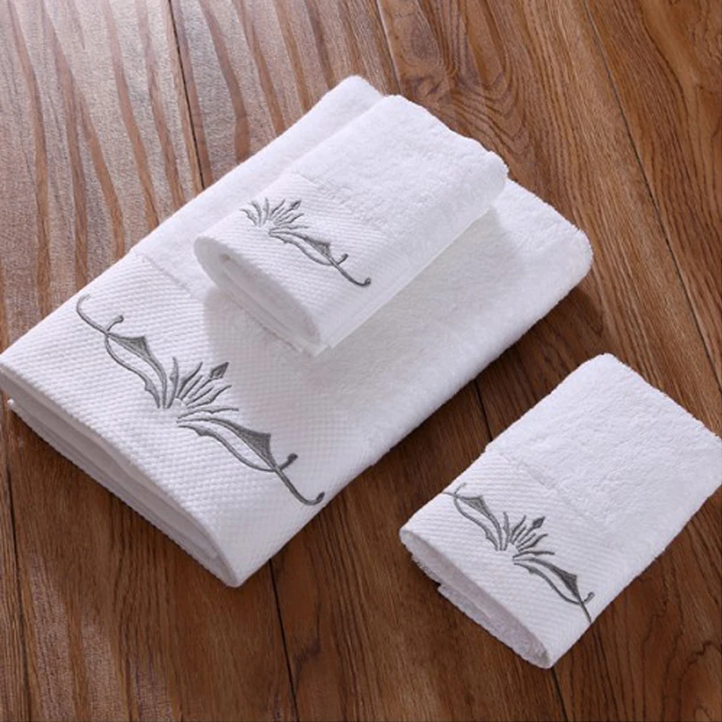 Hot Selling custom hotel logo white towels 100% Cotton Dobby border Bath Towel Sets for spa bathroom