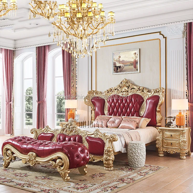 OE-FASHIONLuxury European leather with carved wood double bed villa American red champagne gold bed
