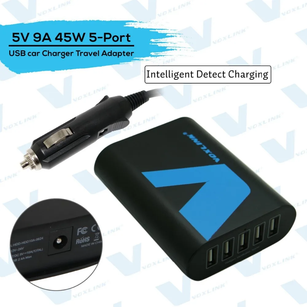 VOXLINK 5-портовой переходник USB зарядка для прикуривателя 45Вт 5В 9А интеллектуальное обнаружение и черное