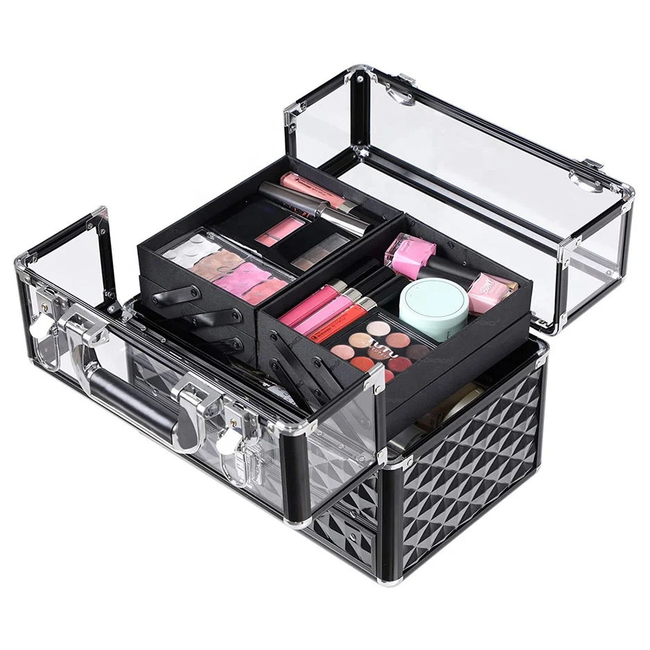 Deluxe Makeup Case Beauty Cosmetic Vanity Organizer for Professional Artist Use Train Case with Transparent Acrylic Lid