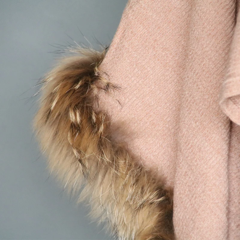 Fluffy raccoon fur knitted cape European style fashion shawl with fur trim