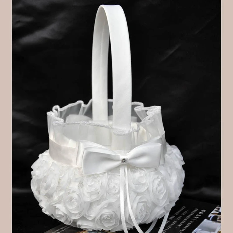 H05 Pure sweet ivory rose lace artifical flower hanging basket flower girl gathering basket wedding accessories
