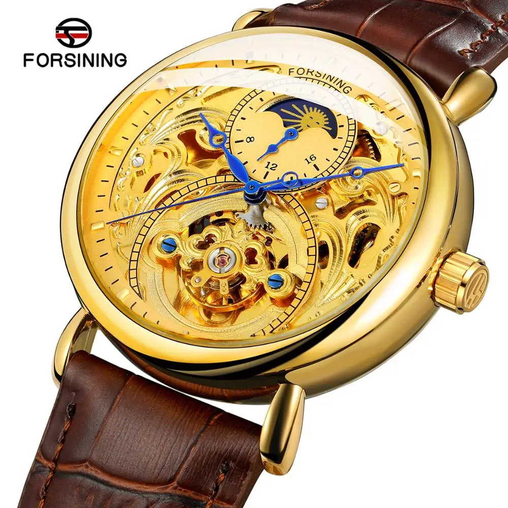 2024 Forsining Automatic Mechanical Wrist Watch luxury Skeleton Moon Phase  Gold Sports Watches Men Wrist