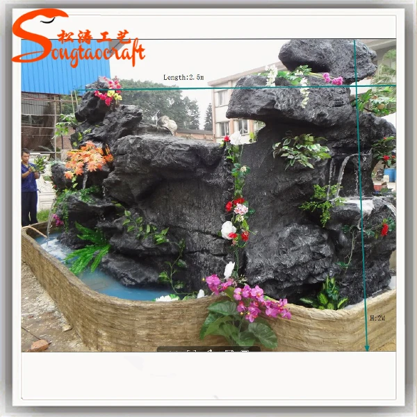 Black fiberglass artificial rock garden buddha fountain customized different styles