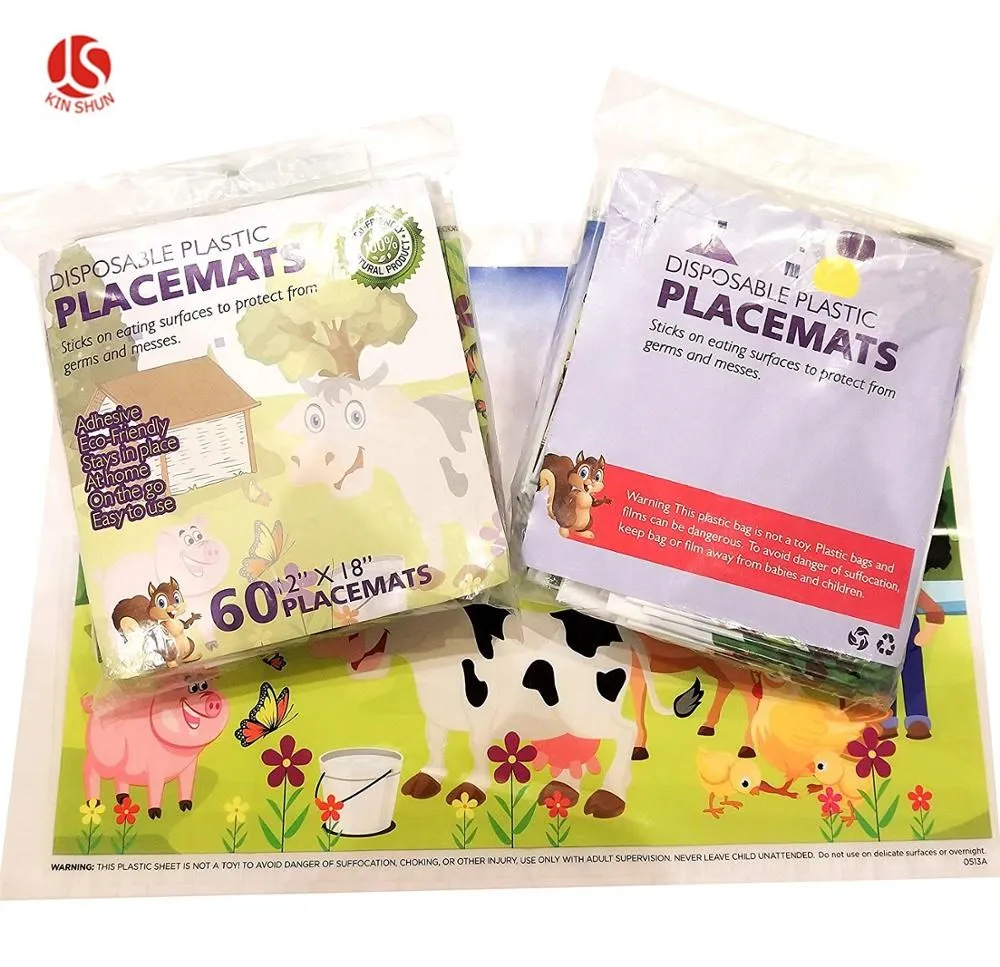 Disposable Adhesive Plastic Table Placemats Kids Baby Print Square Design Kitchen Dining Tea Coffee Bar Wedding Food Use