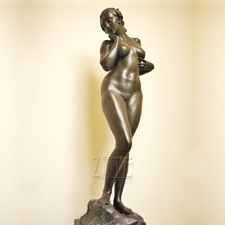 Brass welcome lady standing woman statue art bronze short hair metal craft  girl sculpture