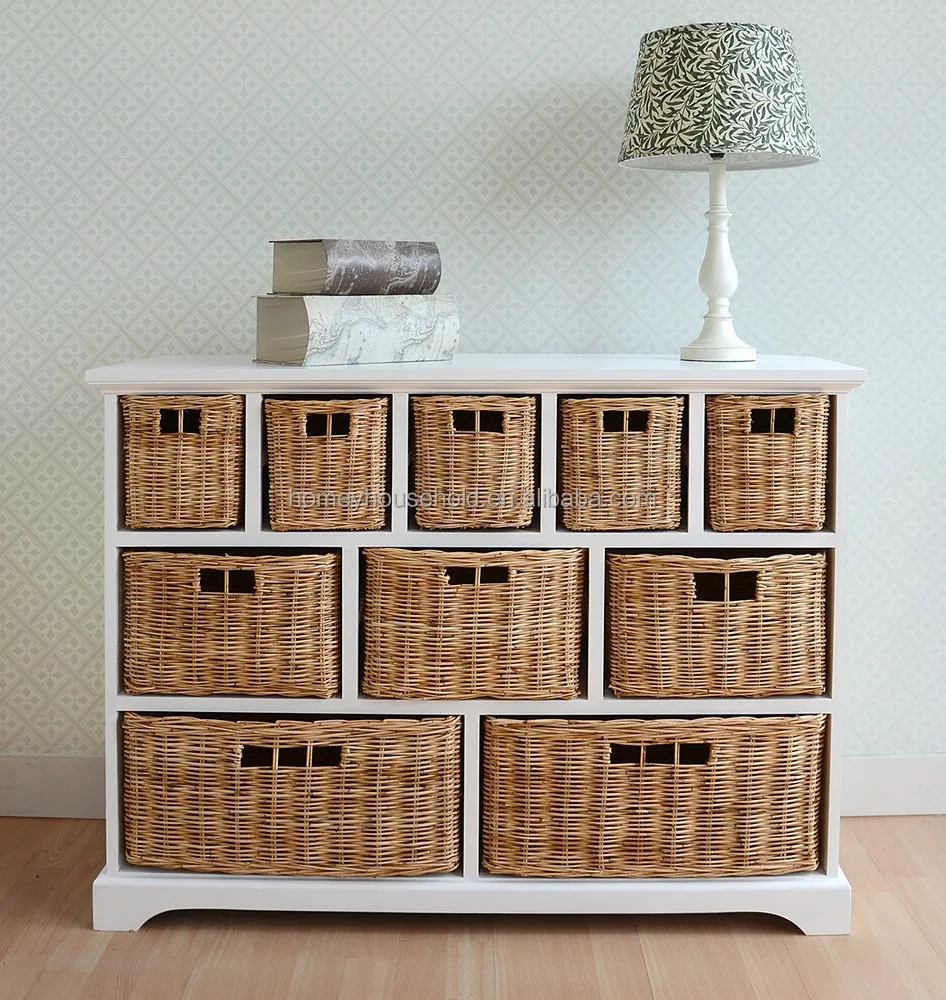 10 Wicker Baskets Storage Shelf Bedroom Furniture Set Wooden Drawer Cabinet