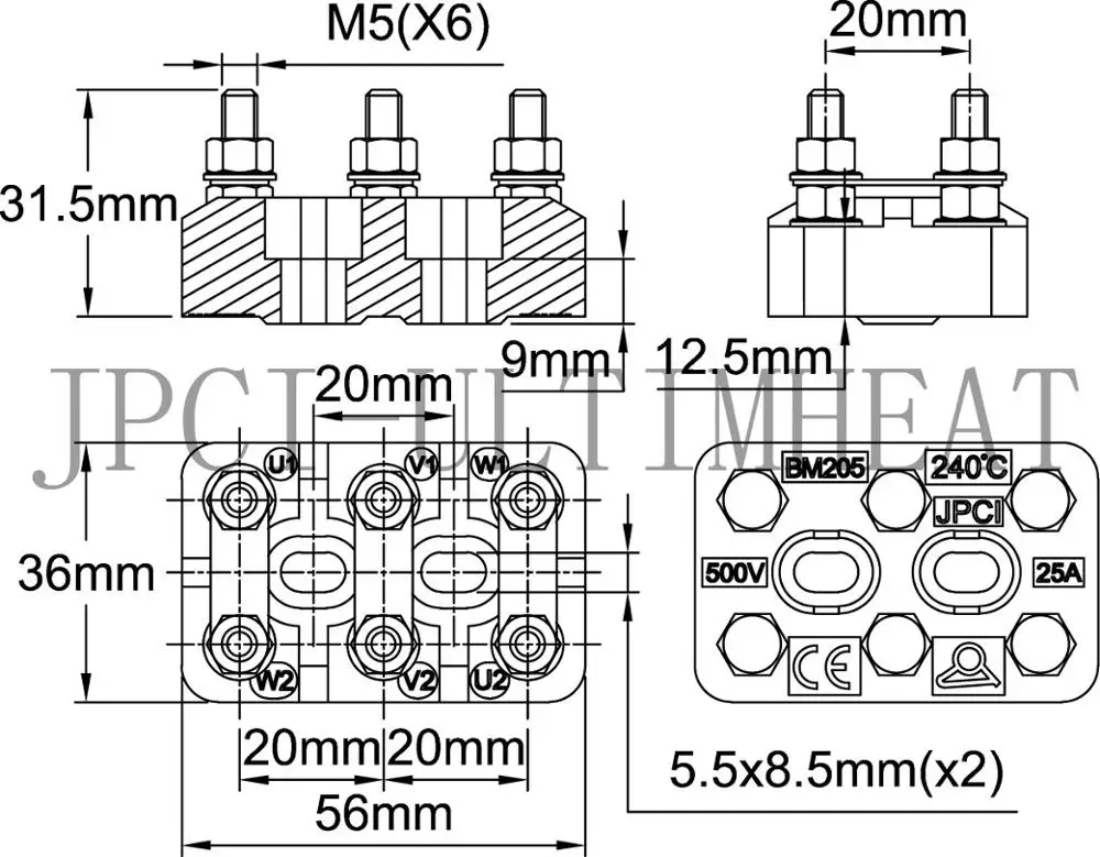 Type BM,  Terminal blocks in ceramic for 3 phases asynchronous electrical motors, 500V range