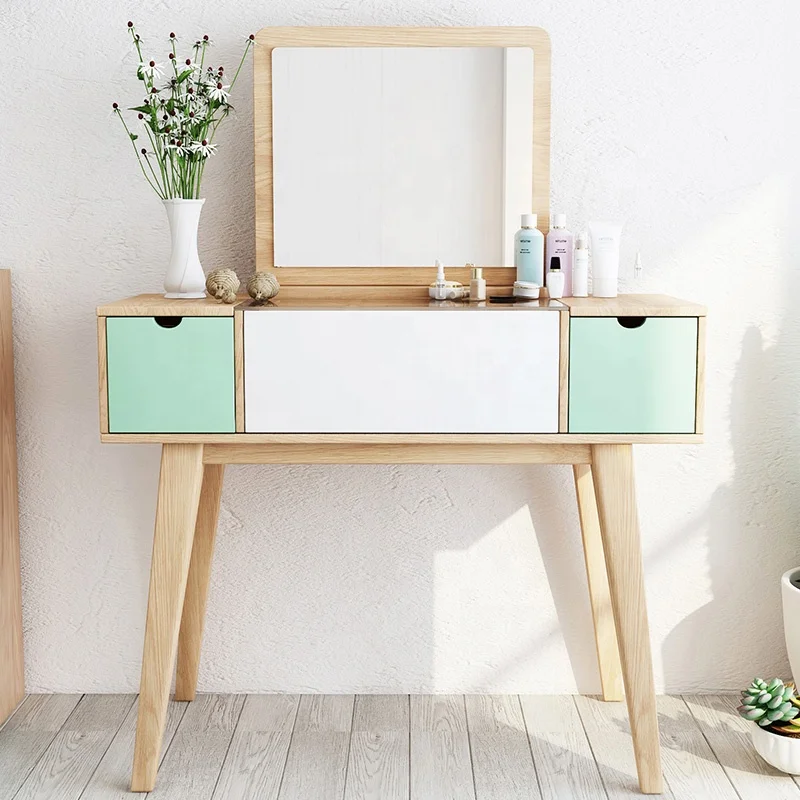 Nordic Style Modern Bedroom Cosmetic Partition Storage Design Flip Mirror Wood Dresser Furniture