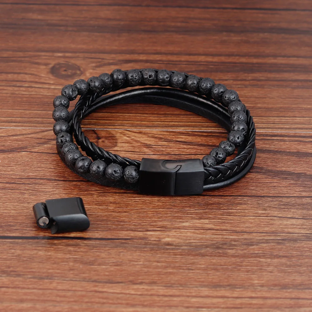 Mens Nature Meteorite Bead Stone Black Leather Bracelet Top Sellers 2019 for Amazon