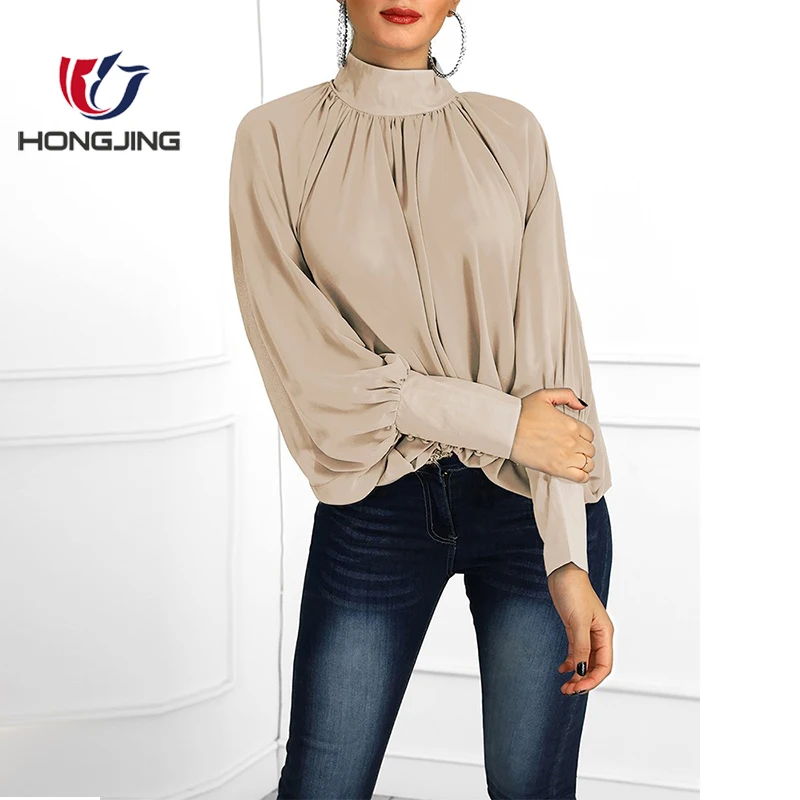 ladyHigh Neckline Lantern Sleeve Wide Cuff Ruched Blouse  back  buttonclosure long sleeve straight hem holiday evening