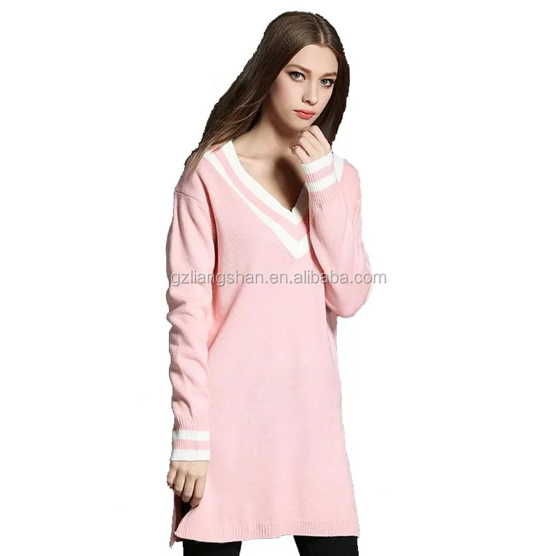 
Wholesale 2016 New Arrival Fashion V Collar Long Sleeve Straight Slit Sweater Dress 