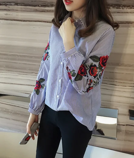 Spring and summer new han fan big code loose fashion stripe embroidery blouse