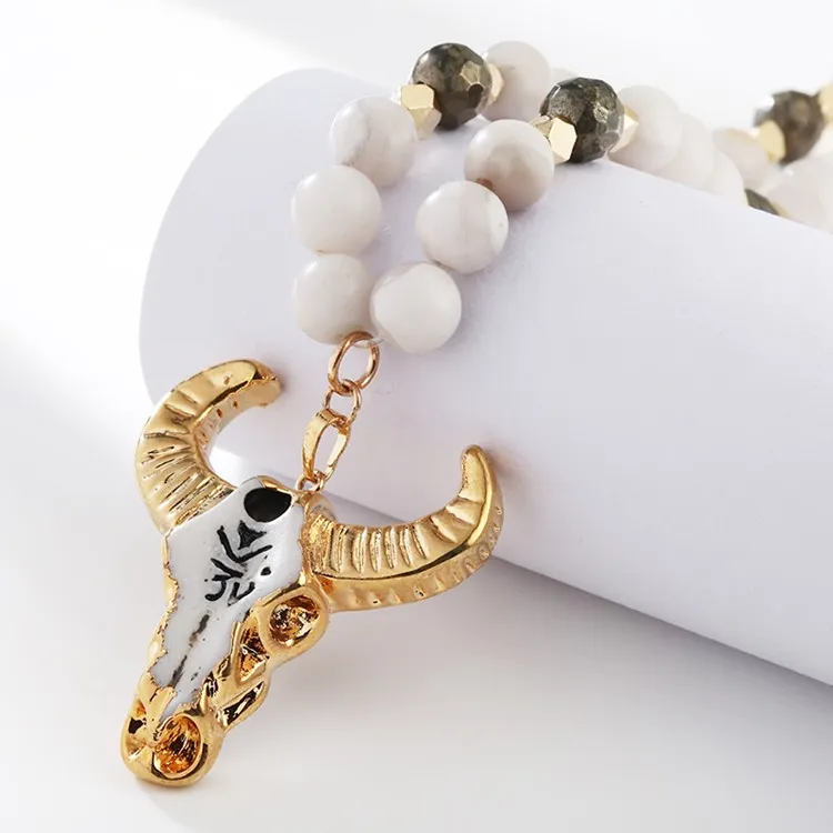 Factory Direct Sales Bull Head Pendant Amazonite  Beaded Men Necklace