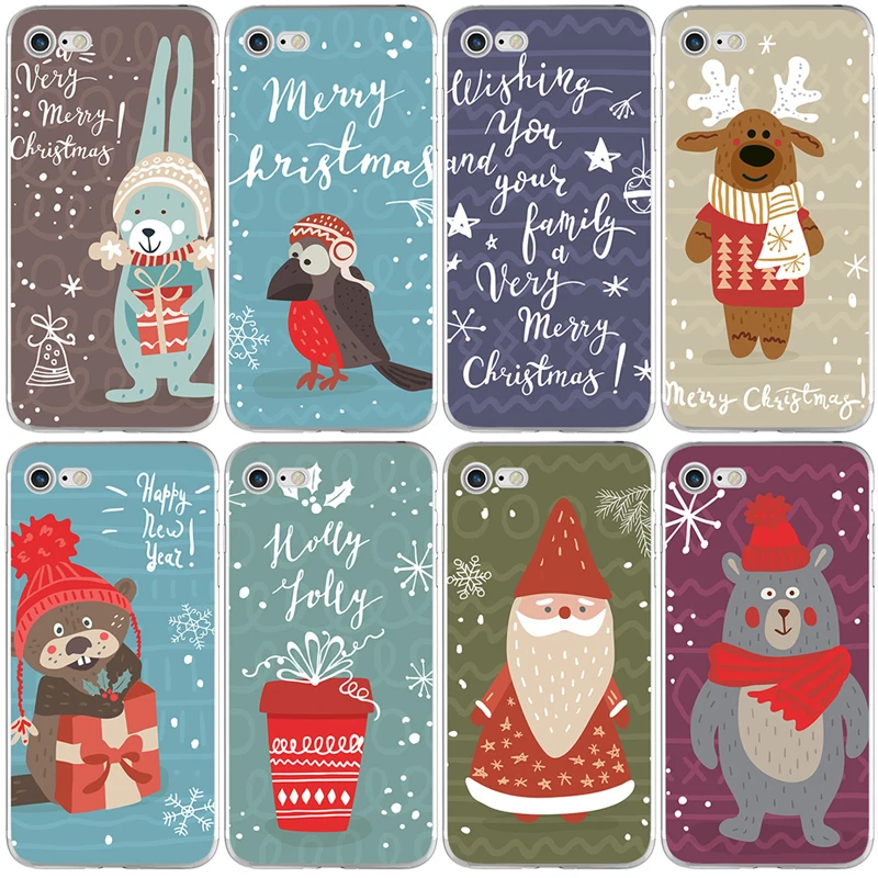 
Cute Christmas Present Soft Phone Cover Case For iPhone 6 6S 7 5 5S SE 6Plus 6SPlus 5C 4 4S Animal Tree Hat Cat Capa Celular 