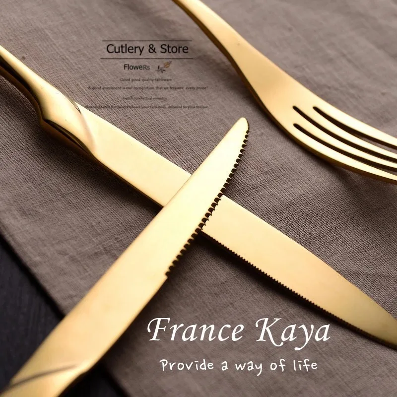 Stainless Steel Flatware Set Golden Spoon and Fork Thick Handle Gold Cutlery for Restaurant