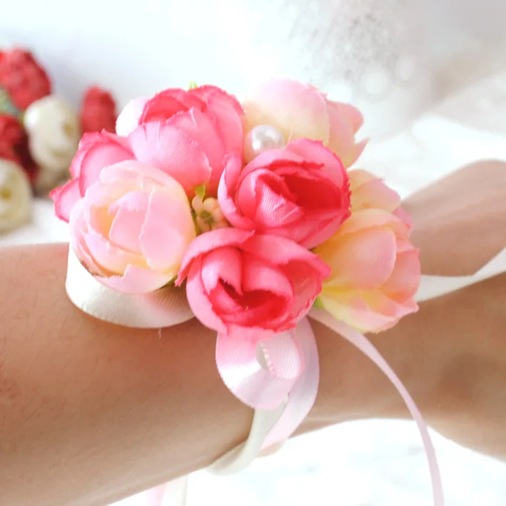 
ZH3624G Wholesale Beautiful Bridesmaid Wrist Flowers Wedding Accessories Artificial Flowers Colorful Hand Flowers 
