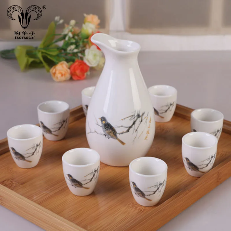 9 Piece Ceramic White and Red Blossom Japanese Sake Set, White wine set
