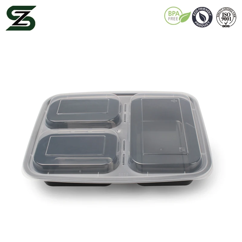 
Free eco-friendly microwave safe black 3 compartment takeaway plastic food container with clear lid 