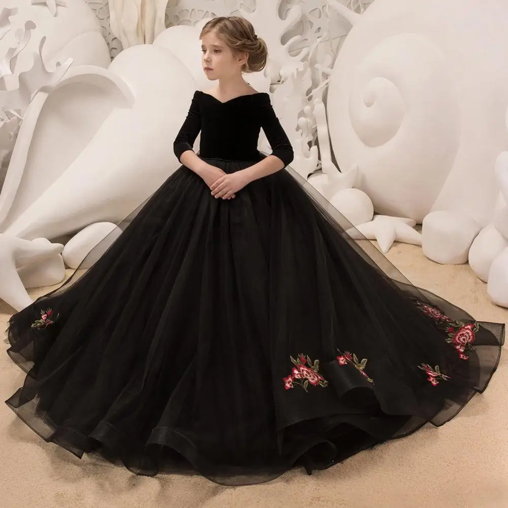 Черный бархатный топ с вышивкой Тюлевое свадебное платье для девочек принцессы маленьких вечерний костюм