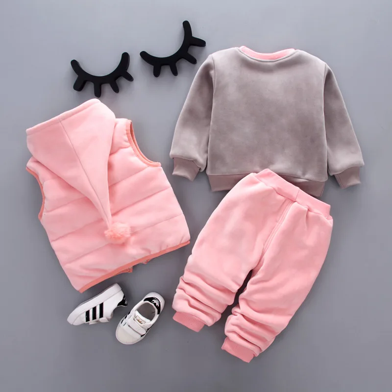 Winter warm fleeced 3 pcs sika deer kids set 2 years new born clothes baby girl