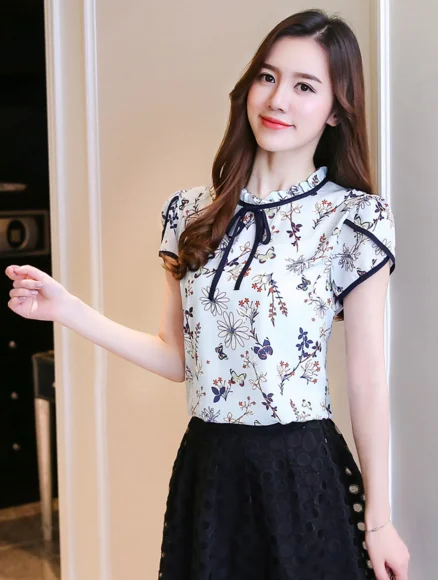 Chiffon jacket spring and summer new dress sweet lace floral short-sleeved shirt blouse