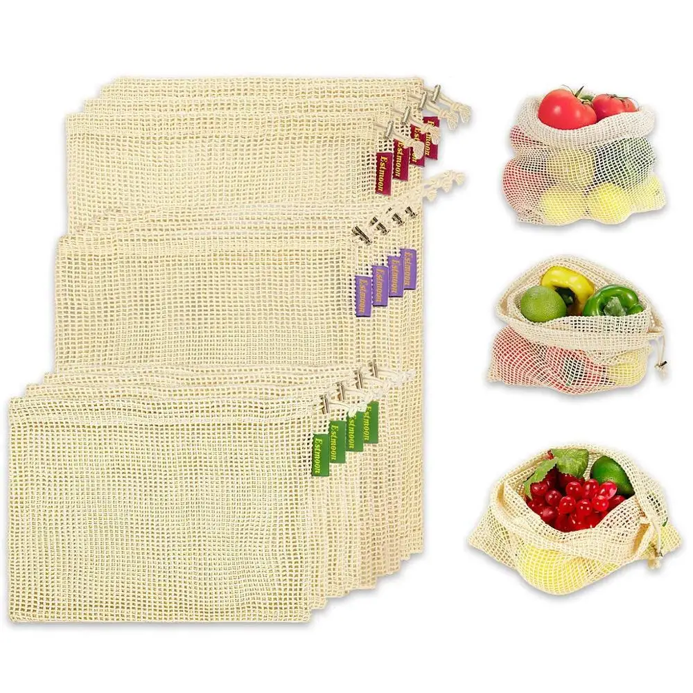 Logo Custom Tag Customize Reusable Produce Cotton Mesh Bag Set of 8/9/12 Pack Durable Pure Cotton Eco Friendly Mesh Muslin Bags