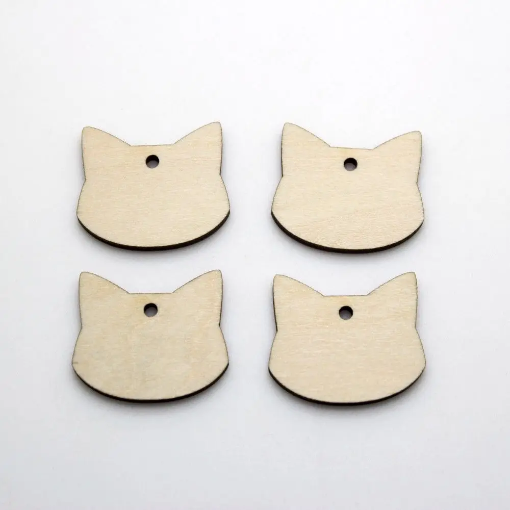 Wooden Cat Head Plain Birthday Wedding Wood Pieces Slice Gift Tags with Hole for Craft DIY