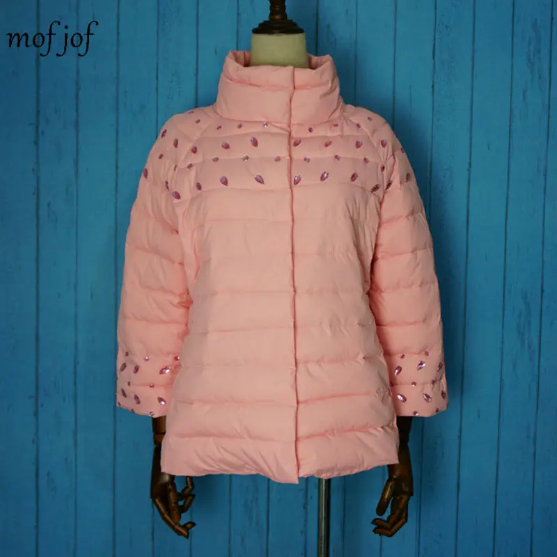 womens font b winter b font jackets and coats 3 4 sleeve solid color with crystal