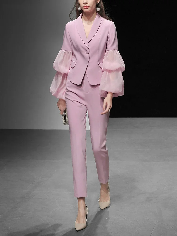 OEM 2019 Trendy Puff Sleeve Solid  Elegance Stitching Luxury Two Piece Women Suit