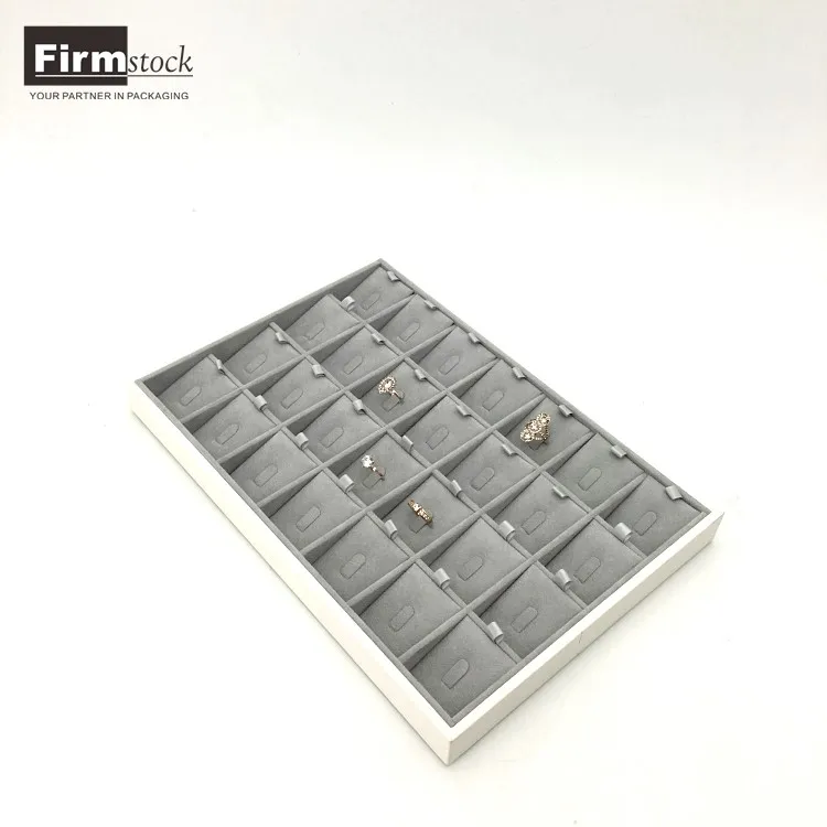 Customized 28 grid removable ring  display grey velvet jewelry tray for rings wooden MDF jewelry display tray