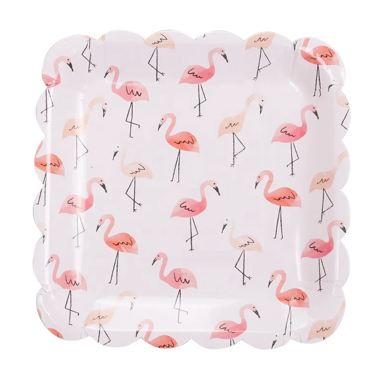 Wholesale New Hot Sell Disposable Vivid  250gsm  9 inch Flamingo Paper Plates with Lace Border