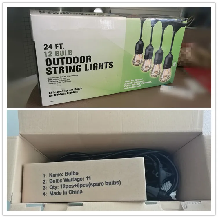 24 Feet Commercial Grade Outdoor LED String Lights Weatherproof with 12 Hanging Sockets 18 Edison Bulbs Included IP65 Rating