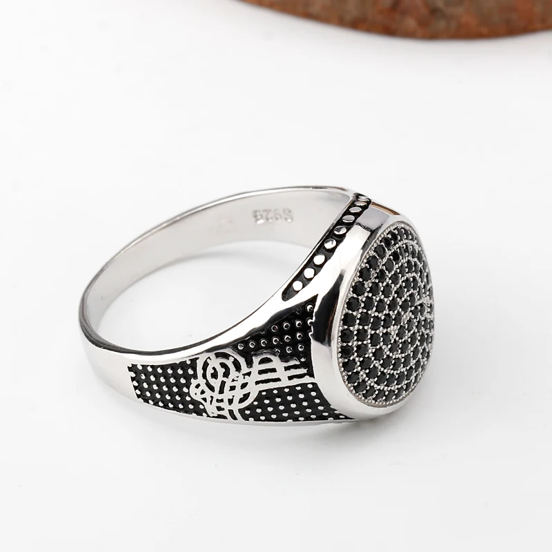 Real 925 Sterling Silver Setting Small Black Zircon Rings Color Music Pattern Finger Ring for Men