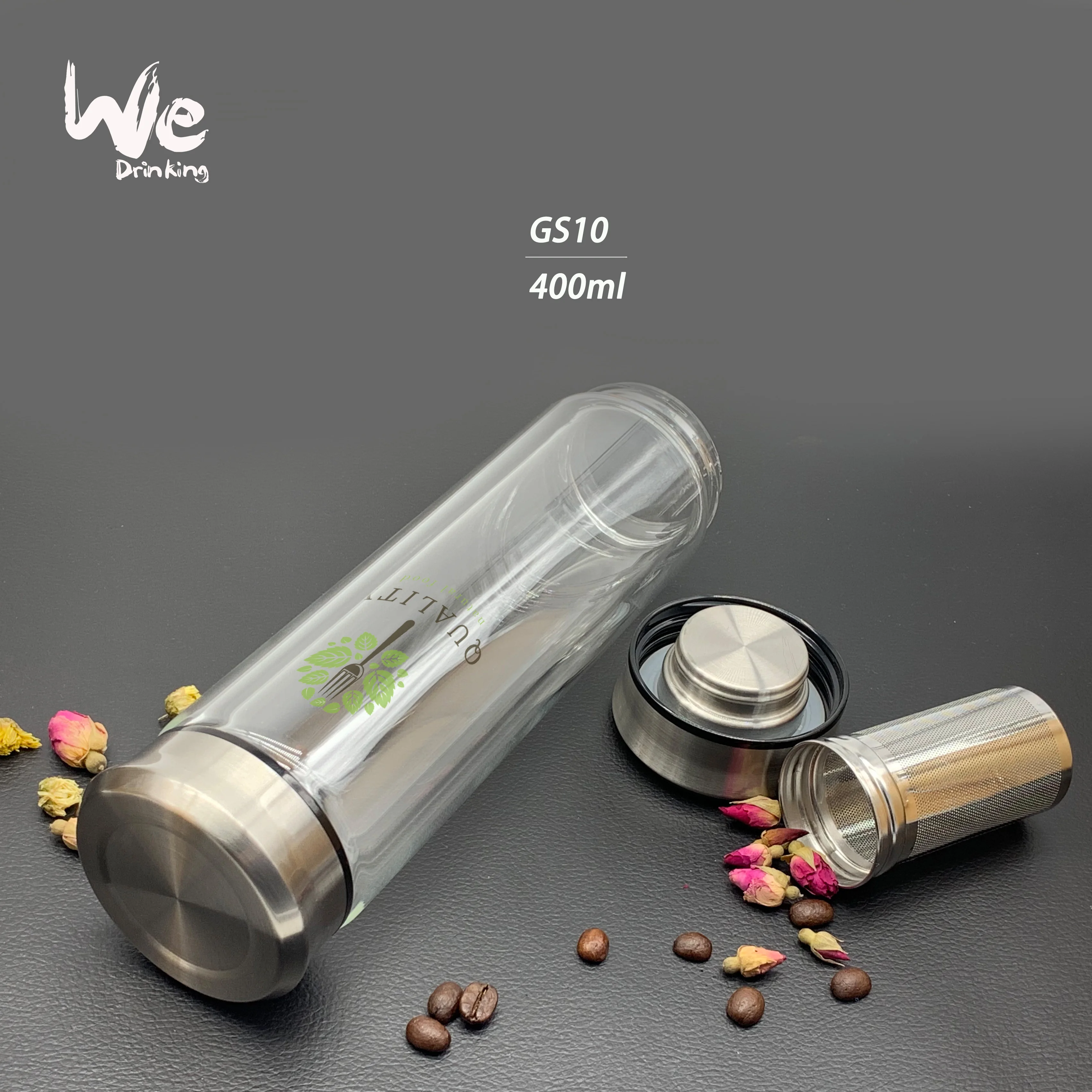 
GS10 400ml Glass Tea Infuser Travel Mug with Strainer and 2 Steel Lids for Loose Leaf Tea Matcha Fruit and Cold Brew Coffee 