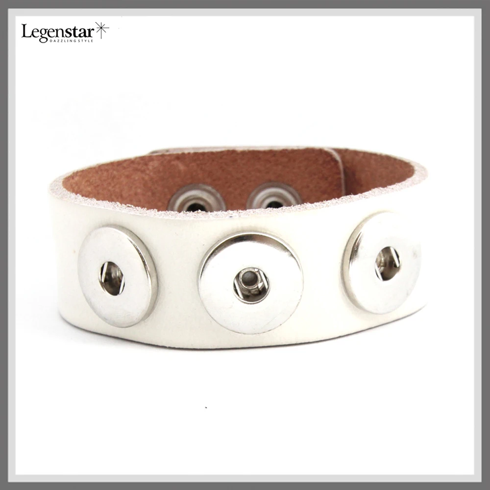 Classic White Genuine Leather 18mm Snap Button Charm Bracelet For Women
