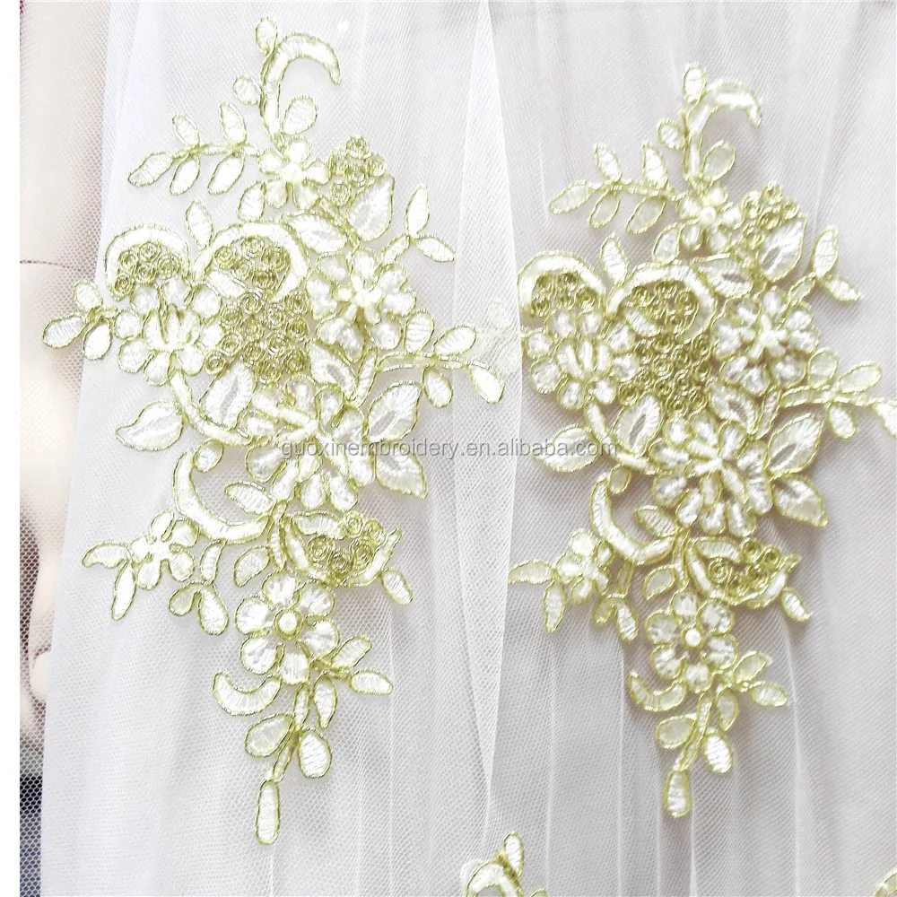 Gold Corded Lace Tulle Floral Embroidery Gauze lace about 52 'Wide for Wedding Dress