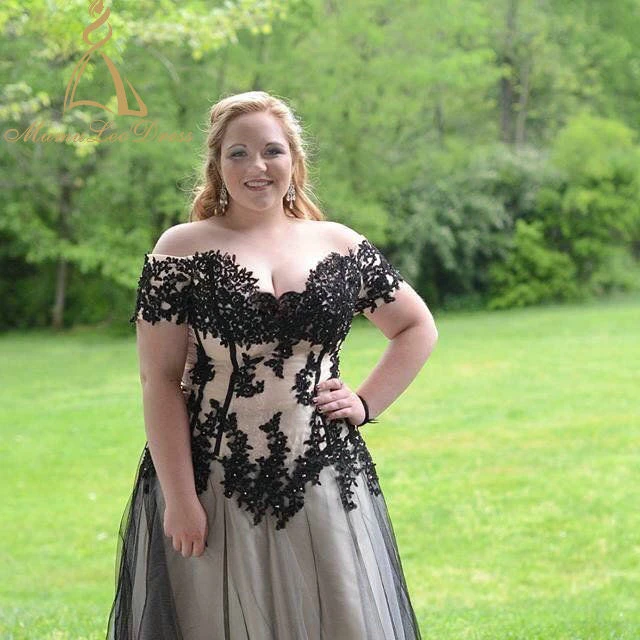 
Vestido Para Festa Party Wear Formal Black On Nude Ball Gown Fat Woman Short Sleeve Plus Size Custom Made Prom Evening Dress 