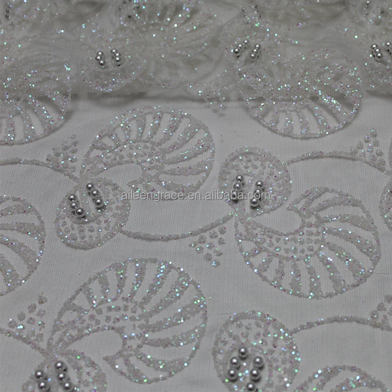 Оптовая африканские белым жемчужным бисером кружева блеск ткани для свадебного платья