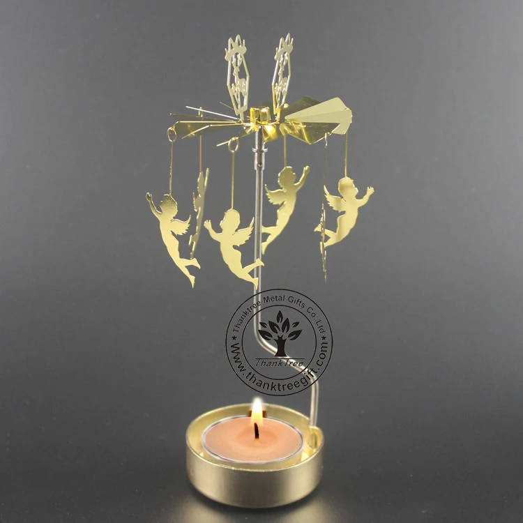 Gold plated metal etching rotating spinning tea light candle holder MCH-027