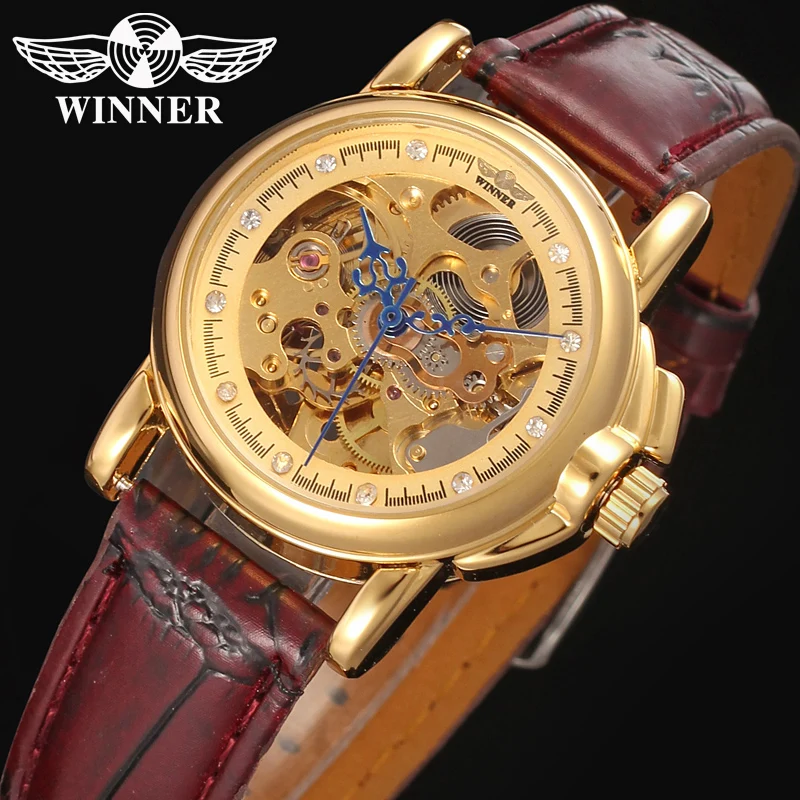 Winner Luxury Women Gift Brand Golden Skeleton Watches Relojes Mujer With Brown Leather